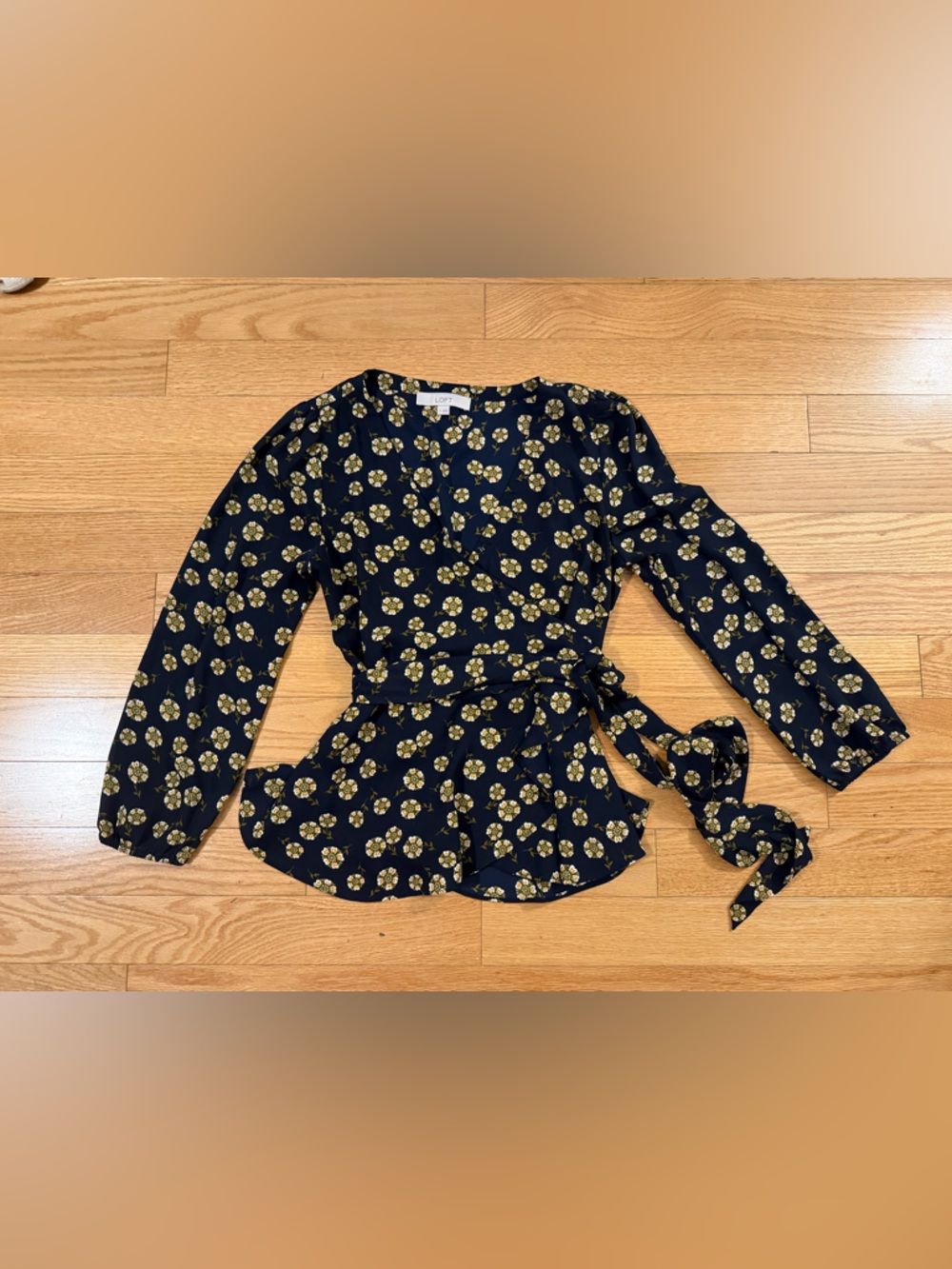 LOFT Navy Floral Tie-Waist Blouse with Gold Flower Print